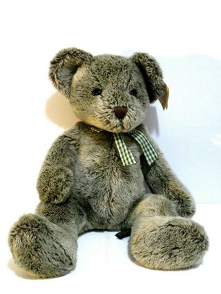 Russ Berrie Plush " Ashley " 18 " Tall Grey Bears From The Past Green Checked Bow