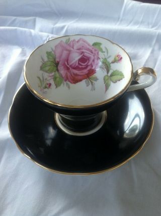 Aynsley Black Pink Cabbage Rose Tea Cup And Saucer
