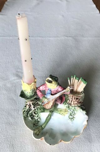 Vintage Majolica Singing Frog W/ Mandolin,  Candle Matchstick Ceramic Dish 3978