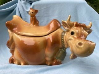 Vintage Brush Mccoy Usa W10 Cookie Jar Cow With Cat On Back