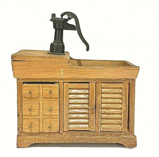 1:12 Miniature Dollhouse,  Vintage Rustic Wood,  Kitchen,  Wet Sink With Pump