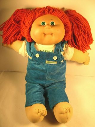 Vtg 1985 Cabbage Patch Kids Doll Red Hair Pigtails Blue Eyes Overalls Shirt Vgc