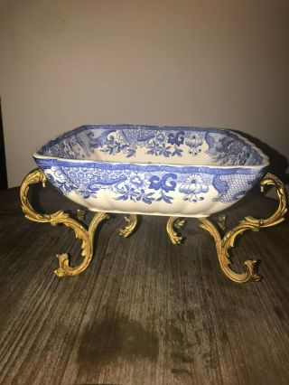 Antique Mason ' s Ironstone Blue Willow Bowl on metal stand 3