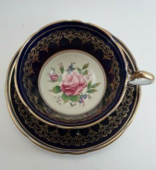 Aynsley Tea Cup And Saucer Cobalt Blue With Rose