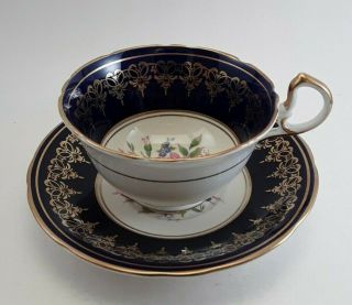 AYNSLEY TEA CUP AND SAUCER COBALT BLUE WITH ROSE 2