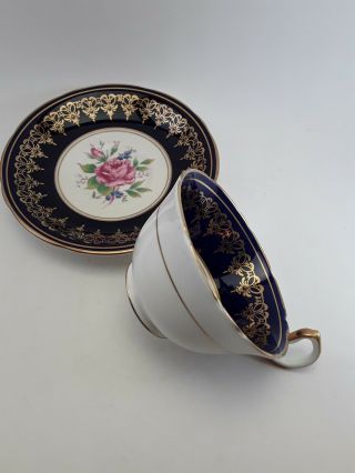 AYNSLEY TEA CUP AND SAUCER COBALT BLUE WITH ROSE 3