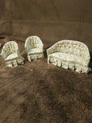 Vintage Miniature Dollhouse Sofa 2 Chairs Furniture Cloth