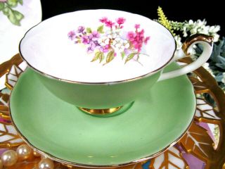 Shelley Tea Cup And Saucer Lime Green Floral Pattern Teacup Gold Gilt England