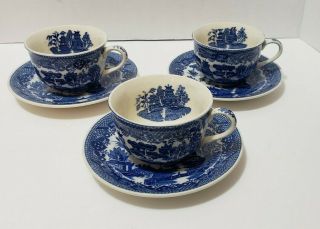 Vintage Porcelain Blue Willow Blue & White Tea Cup And Saucer Set Of 3 Japan