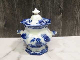 Antique Flow Blue Sugar Bowl With Lid And Handles Asian Moitiff