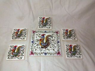 6 Vintage Hand Painted Decorative Rooster Tiles Portugal Ceramic