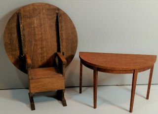 2 Dollhouse Miniature 1:12 Wood Tables - Half Moon & Round That Converts To Chair