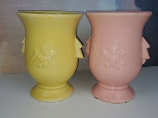 Vintage Mccoy Pink And Yellow Vases / Planters Art Pottery Rare