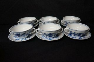 6 Winterling Bavaria Germany Blue Onion Cream Soup Bowls With Saucers