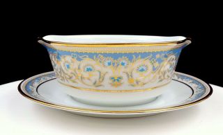 Noritake 2045 Polonaise Blue Gold Floral 8 7/8 " Gravy Boat Attached Underplate