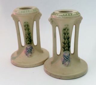 Vintage.  Roseville Pottery " La Rose " Ivory Candle Holders 1051 - 4