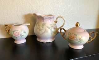 Vintage Lefton Hand Painted Coffee & Tea Set,  Pot,  Sugar,  Creamer,  Pink Set Of 3