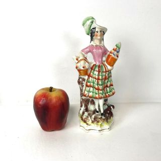Antique Staffordshire Figurine Of Lady With Fruit & Flower Basket 9 " Tall