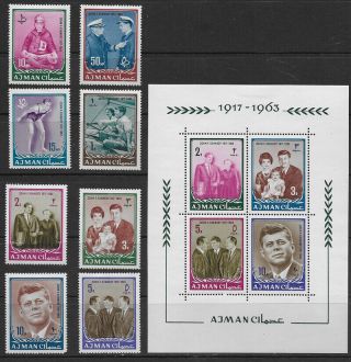 Ajman,  John F Kennedy,  1964,  Souvenir Sheet & Set Of 8,  Perf,  Mnh,  Cv$23