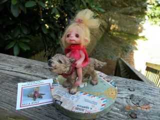 One Of A Kind Miniature Artist Sculpted Red Riding Hood & Baby Wolf - Trolltracks