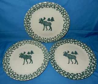 Set Of 3 Folk Craft Moose Country Dinner Plates Green Sponge North Woods