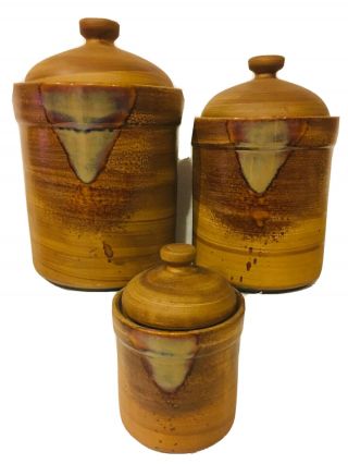 Set Of 3 Lidded Canisters Sango Splash Brown 4951 Drip Glaze Stoneware Xl,  Lg,  Sm