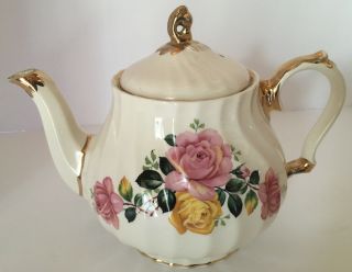 Sadler England Swirl Teapot White With Pink And Yellow Roses,  Gold Trim,  Labeled