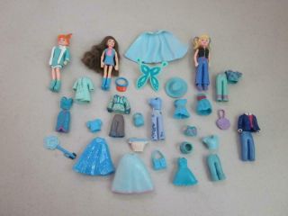 Fun Group Of 3 Polly Pocket Dolls With Blue Clothes And Accessories