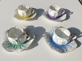 Set Of 4 Kipp Ceramics Demitasse Cups And Saucers Occupied Japan Flower Shape
