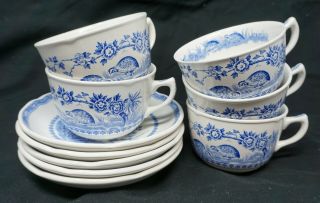 5 Antique Furnivals Blue Quail Flat Cup And Saucer Set