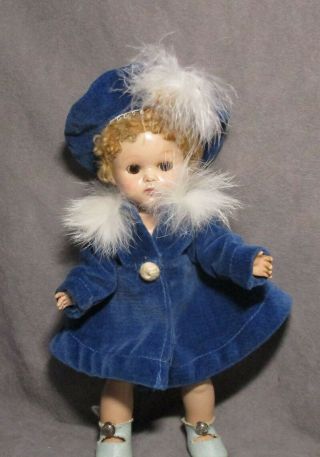 Vintage Vogue Clothes For Ginny Doll - Blue Velvet Coat & Beret - Fur Trim