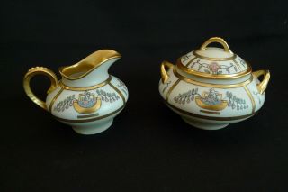 Vintage Limoges Porcelain Cream And Sugar Bowl Set Hand Painted 24k Gold 1922