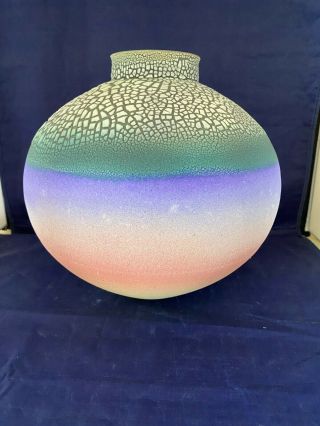 Gorgeous 10 " Round Multi - Colored Art Clay Pottery Vase - Artist Signed