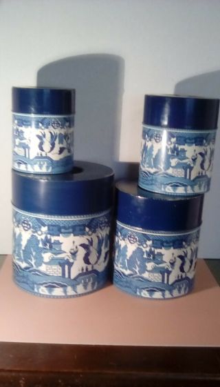 Vintage Blue Willow Metal Canisters,  Set Of 4 /8 " 7 " 6 " &5 ",  With Covers