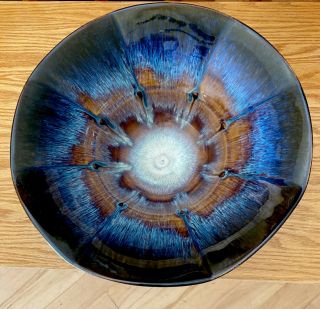 Studio Crafted 12” Large Art Pottery Tulip Bowl Blue Drip Glazed,  Bill Campbell