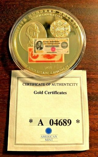 24kt Gold Layered Certificate 500 Banknote Proof Coin Token Medal With