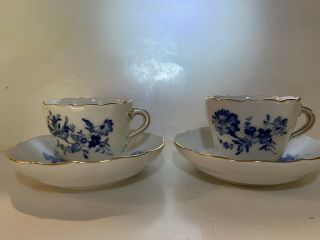 Meissen Germany Flat Cup & Saucer 2 3/8” Blue Flowers Gold Trim Set Of 2 Mss92
