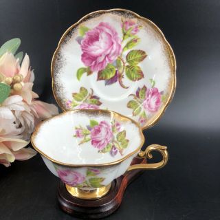 Vintage Royal Albert Pink Cabbage Roses & Heavy Gold Teacup Saucer Wooden Stand