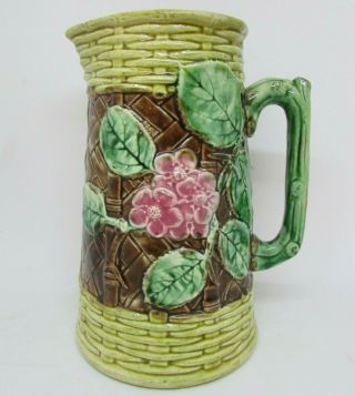 Antique Majolica Pitcher,  Flower Blossoms,  Basket Weave Design,  8 "