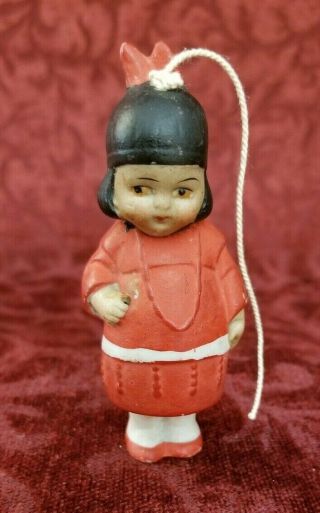 Antique/vintage German All Bisque Nodder Miniature Girl Doll In Red Standing