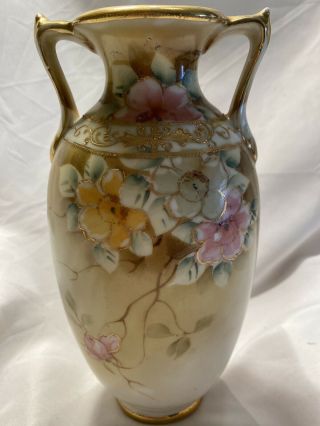 Antique Nippon Hand Painted Two Handled 9” Vase Floral Gold Moriage