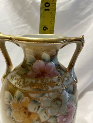 Antique Nippon Hand Painted Two Handled 9” Vase Floral Gold Moriage 2