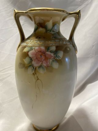Antique Nippon Hand Painted Two Handled 9” Vase Floral Gold Moriage 3
