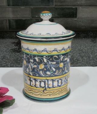 Vtg.  Saca Castelli Italian Majolica Hand - Painted Pottery Biscuit Jar,  Cat Rescue