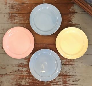 4 Vtg Luray Pastels Dinner Plates 10” Blue Pink Yellow