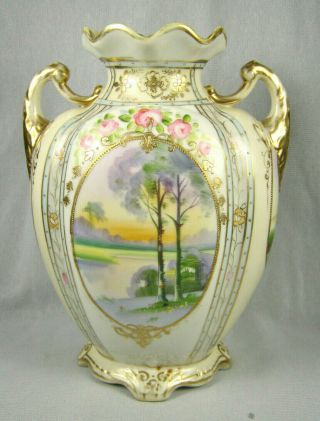 Antique Noritake Nippon Hand Painted Porcelain Two Handled Vase