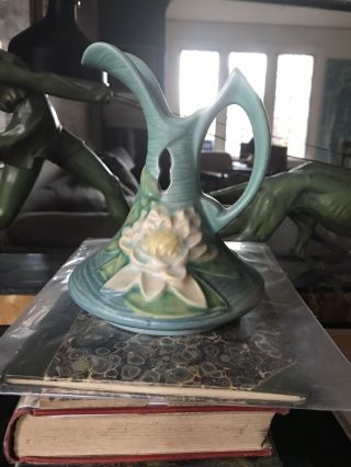 Vintage Roseville Blue Green Water Lilly Ewer Vase Pitcher 10 - 6 "