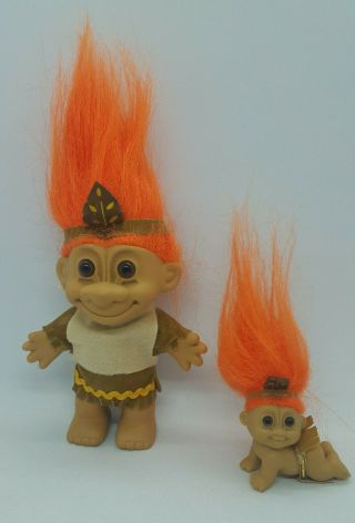 2 Vintage Native American Indian Russ Troll Dolls With Orange Hair 4.  5 " & 2 "