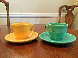 Set Of 2 Vintage Bauer Pottery Double Ringware Cup & Saucer Yellow & Jade Green