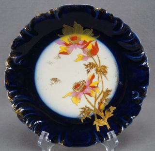 Gdm Limoges Hand Painted Pink Yellow Red Flowers Cobalt & Gold Plate C1891 - 1900
